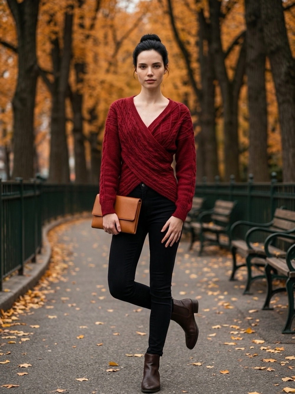 Wrap-Front Cable Knit Sweater - Burgundy XL